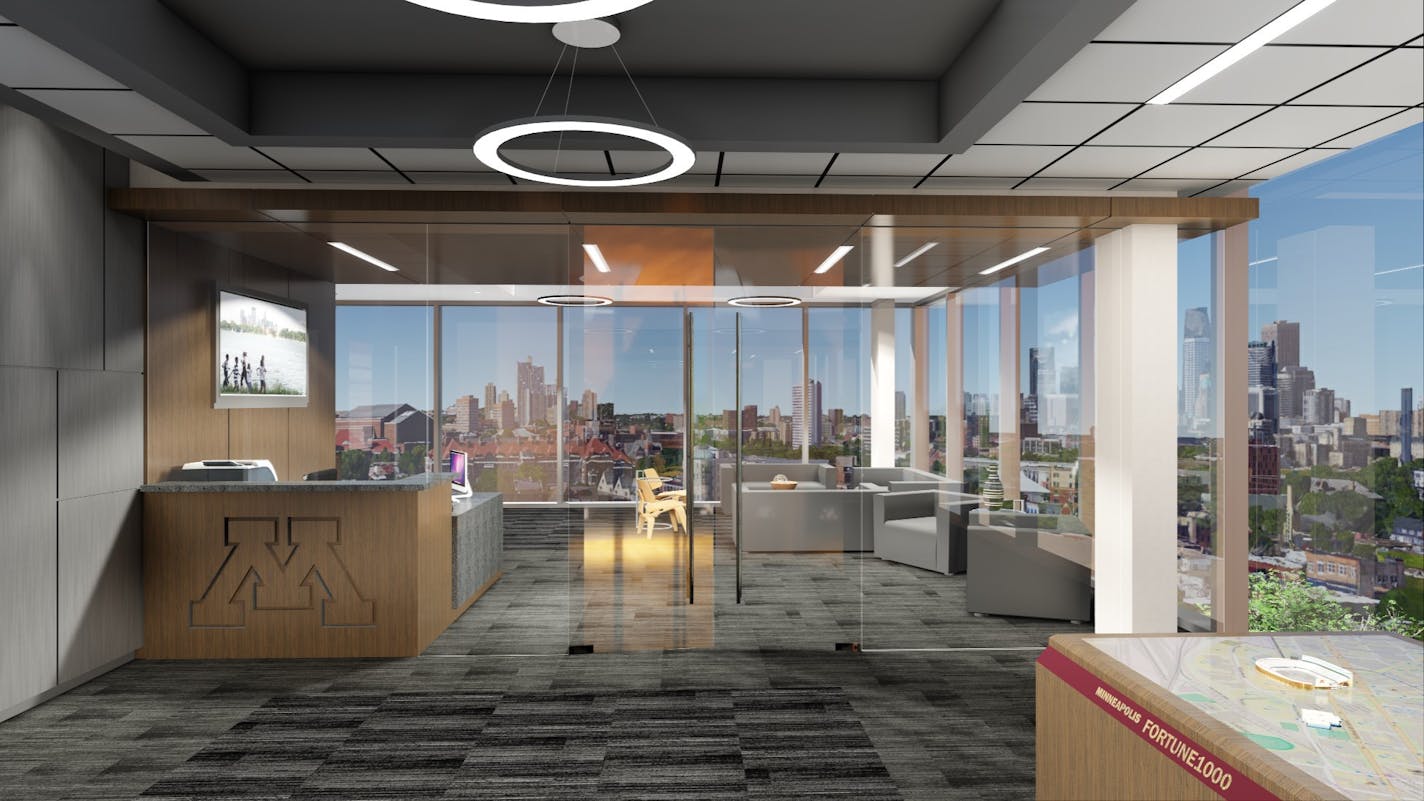 Rendering of University of Minnesota Athletes Village, Center for Excellence (Leadership Center Elevator Lobby 2). Provided by University of Minnesota.