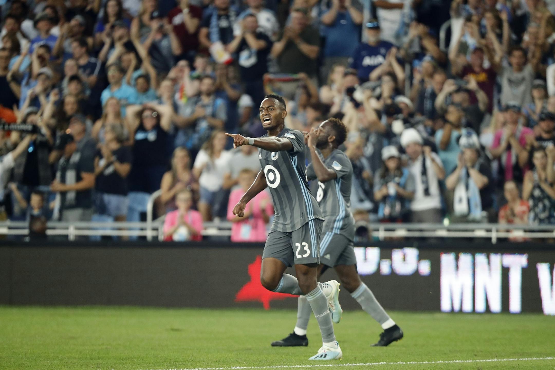 Minnesota United forward Mason Toye (23) celebrated a goal during the second half.