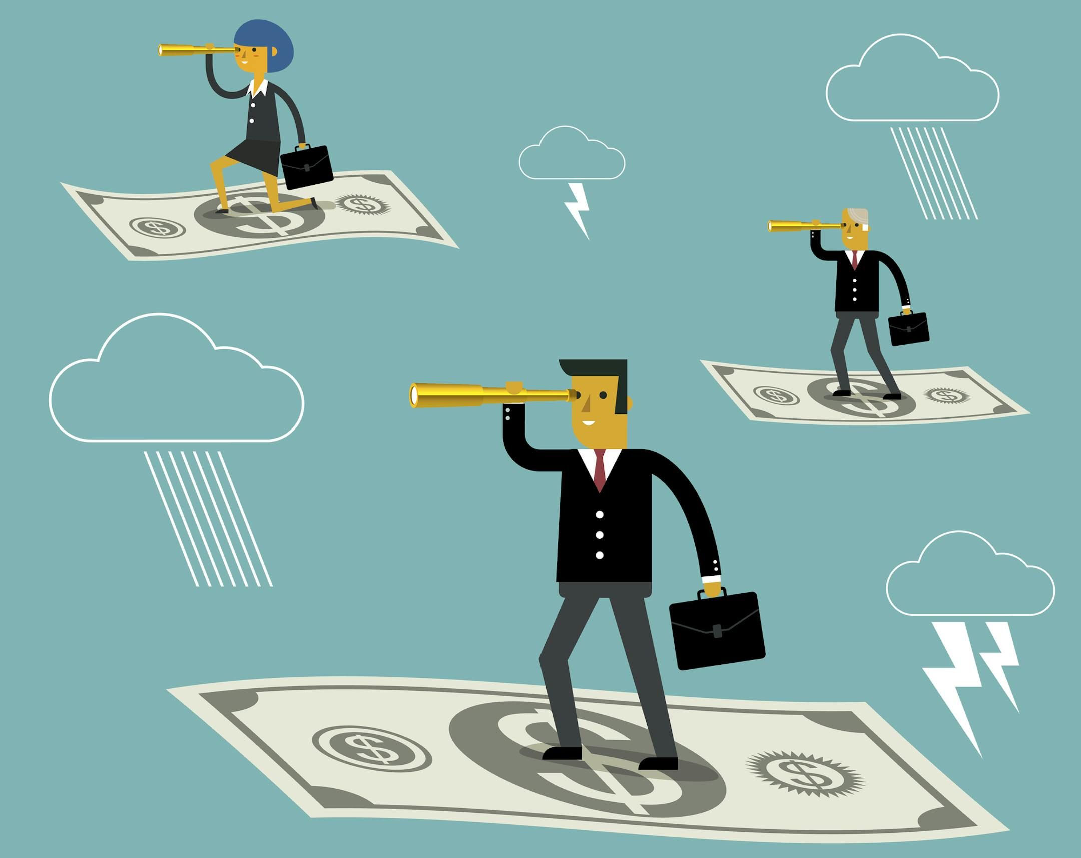 Business team standing on the flying cash