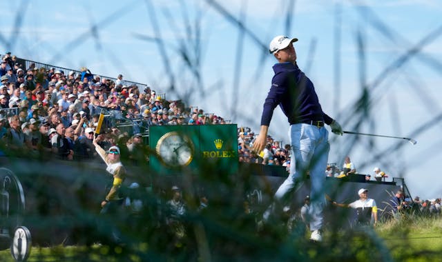 Justin Thomas reacted to a poor tee shot Thursday at the British Open at Royal Liverpool.