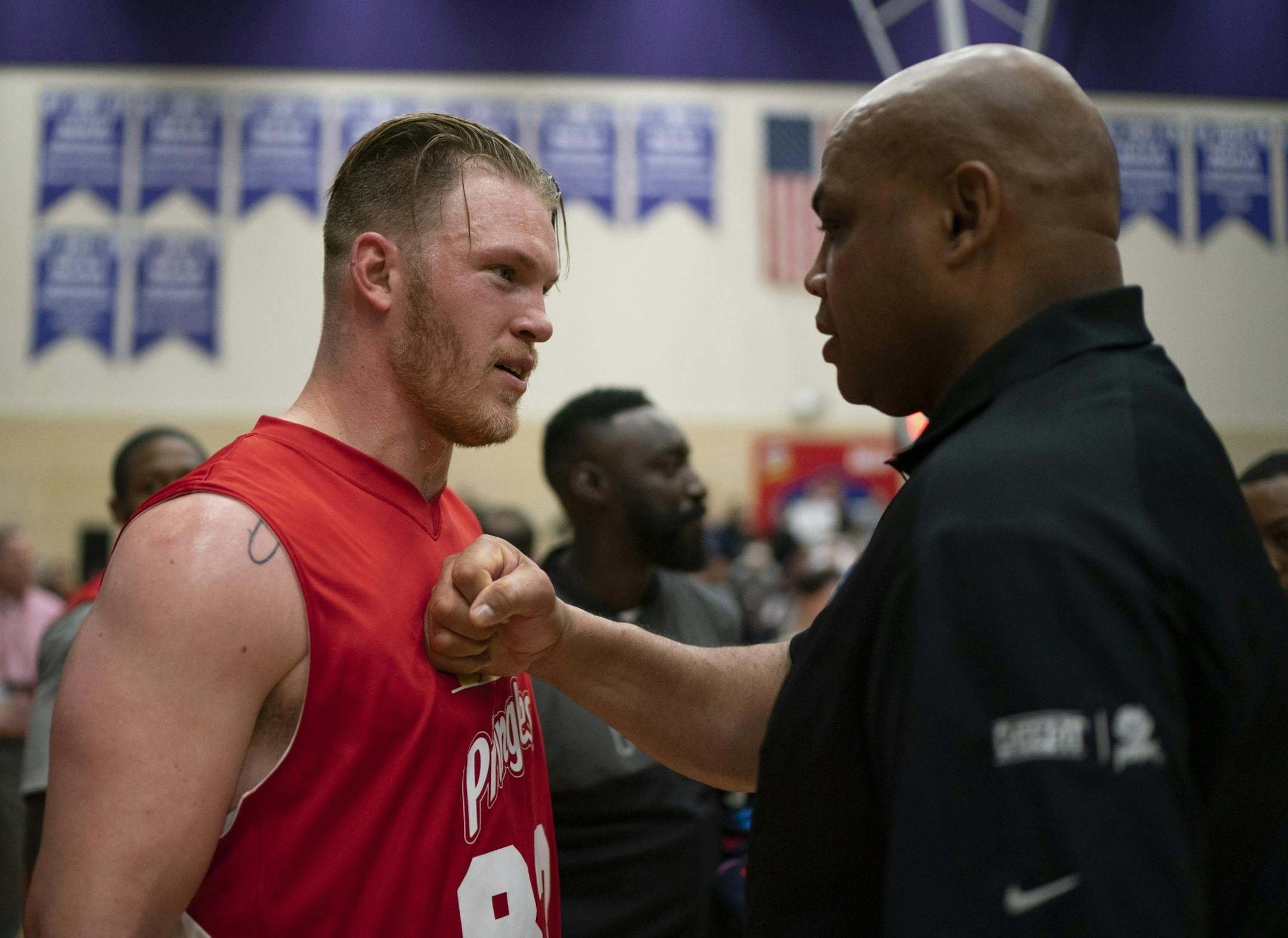 Game MVP Kyle Rudolph spoke with his Team Pringles coach, Charles Barkley after the game.