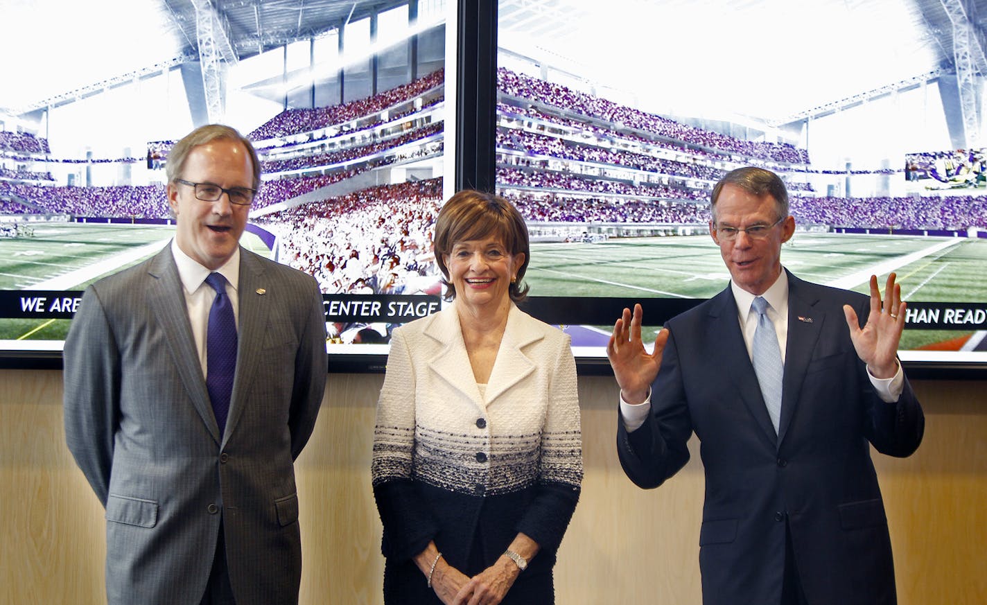 Doug Baker of Ecolab, left, Marilyn Carlson Nelson, center, and Richard Davis of U.S. Bancorp, right, talked about what they have submitted to the NFL for a Super Bowl bid, Wednesday, May 7, 2014 in Minneapolis, MN.