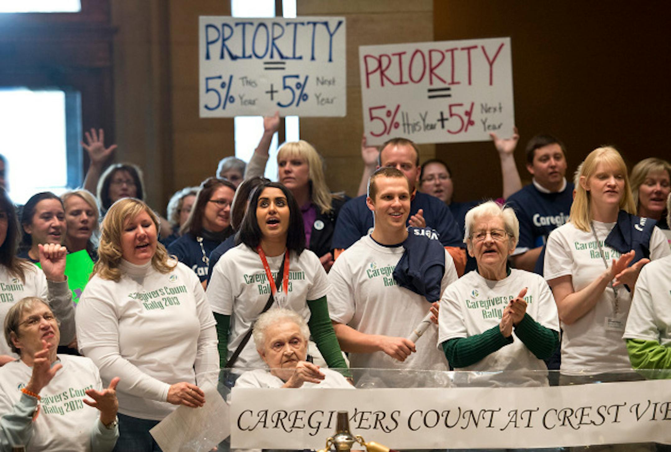 Long-term caregivers rallied at the Capitol Thursday, May 2, 2013 to ask legislators to increase long term care funding to make sure adult services are available and caregivers are paid a fair wage.     ]   GLEN STUBBE * gstubbe@startribune.com