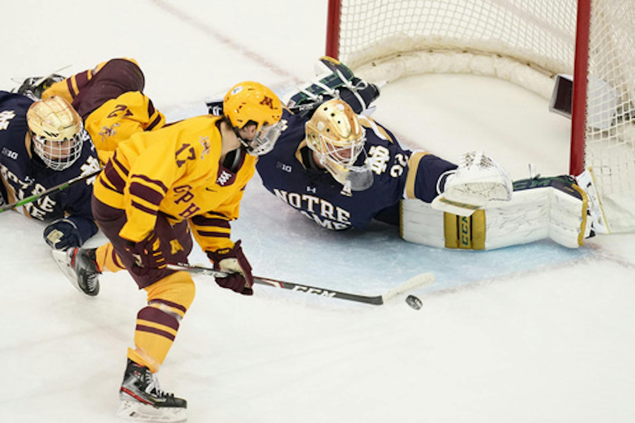 Gophers forward Garrett Wait (17) scored against Notre Dame goalie Cale Morris on Nov. 2 at 3M Arena at Mariucci.