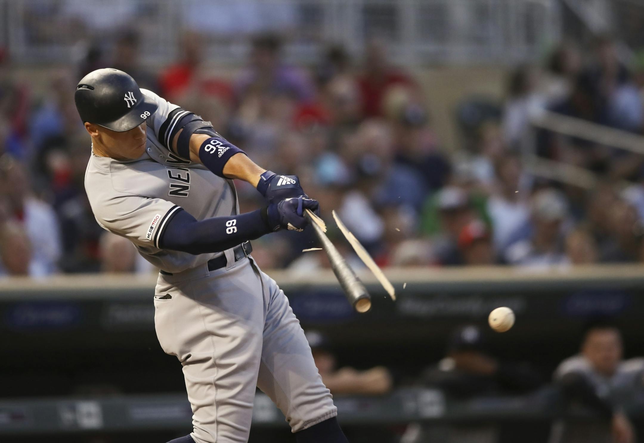 New York Yankees right fielder Aaron Judge singled to center in the fourth inning while breaking his bat.