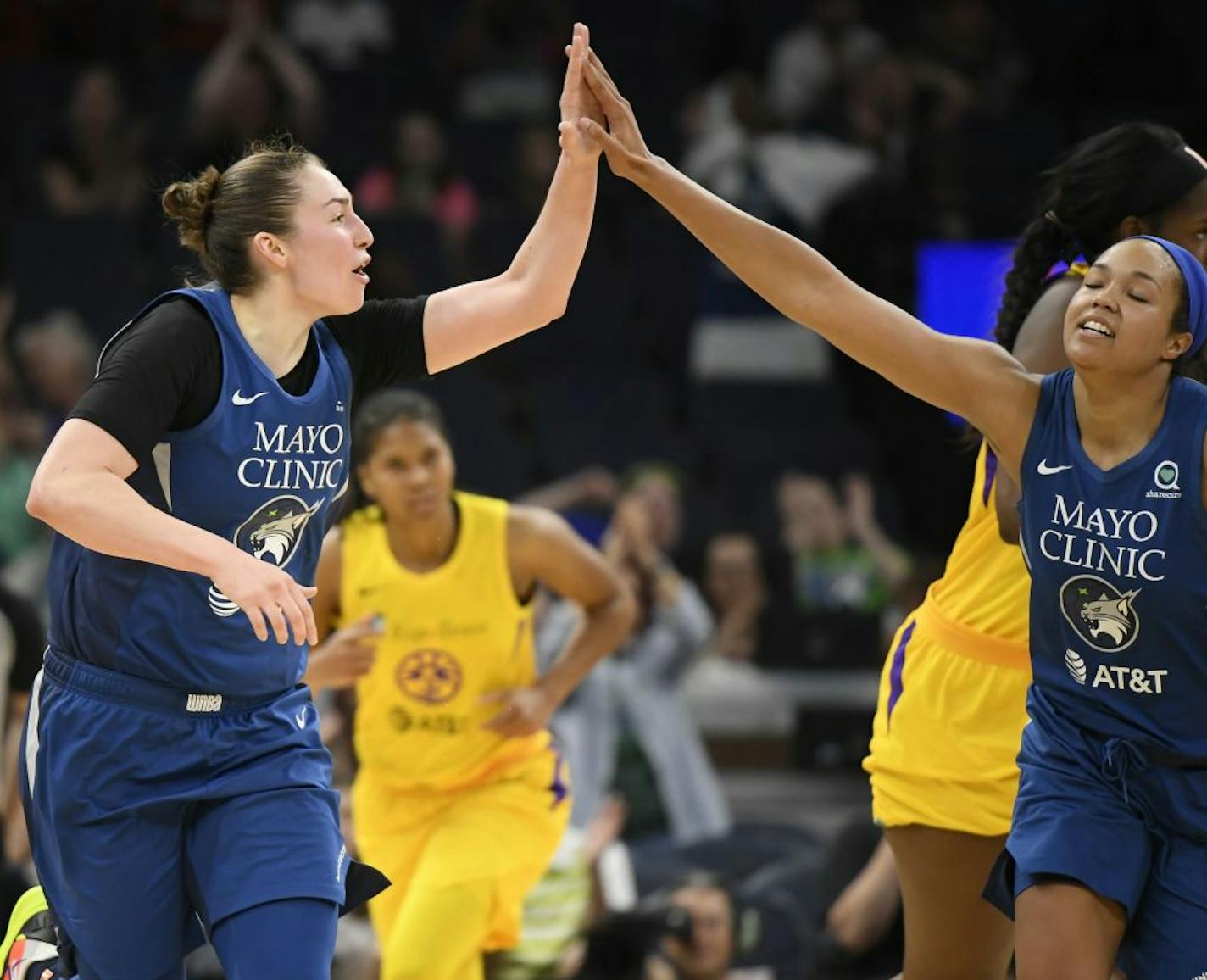 Jessica Shepard (10) and Napheesa Collier during Saturday's game vs. Los Angeles,.