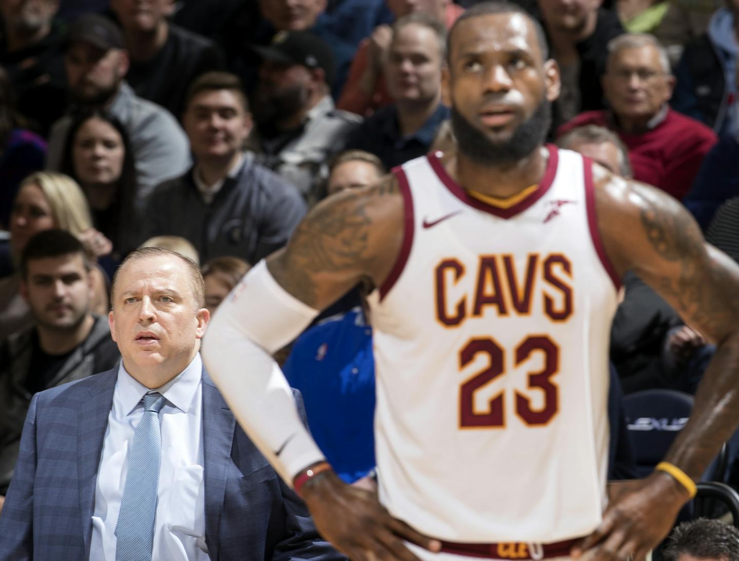 Wolves coach Tom Thibodeau knows his team is catching the Cavaliers while they're down, but is quick to note that up or down, they still have LeBron James (23).