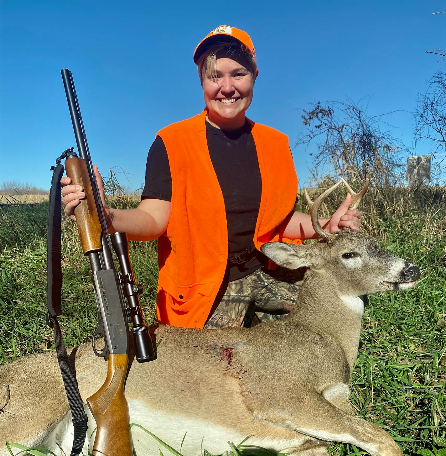 Azaela Fricke of St. Paul harvested the first deer of her life on opening weekend in Trimont, Minn., on land owned by her partner's family. Her first attempt came only three years ago when she participated in the DNR's Adult Learn to Hunt program.