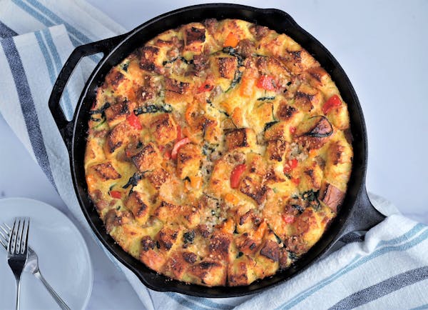 Italian Sausage, Pepper and Parmesan Skillet Strata is a meal any time of day.