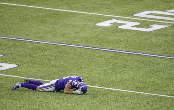 Receiver Adam Thielen after a fourth-quarter interception near the end of the Vikings' 31-30 loss to Tennessee on Sunday.