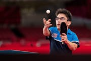 Ian Seidenfeld of the U.S. plays against Peter Rosenmeier of Denmark in the table tennis men's singles class 6 gold medal match at the Tokyo 2020 Para