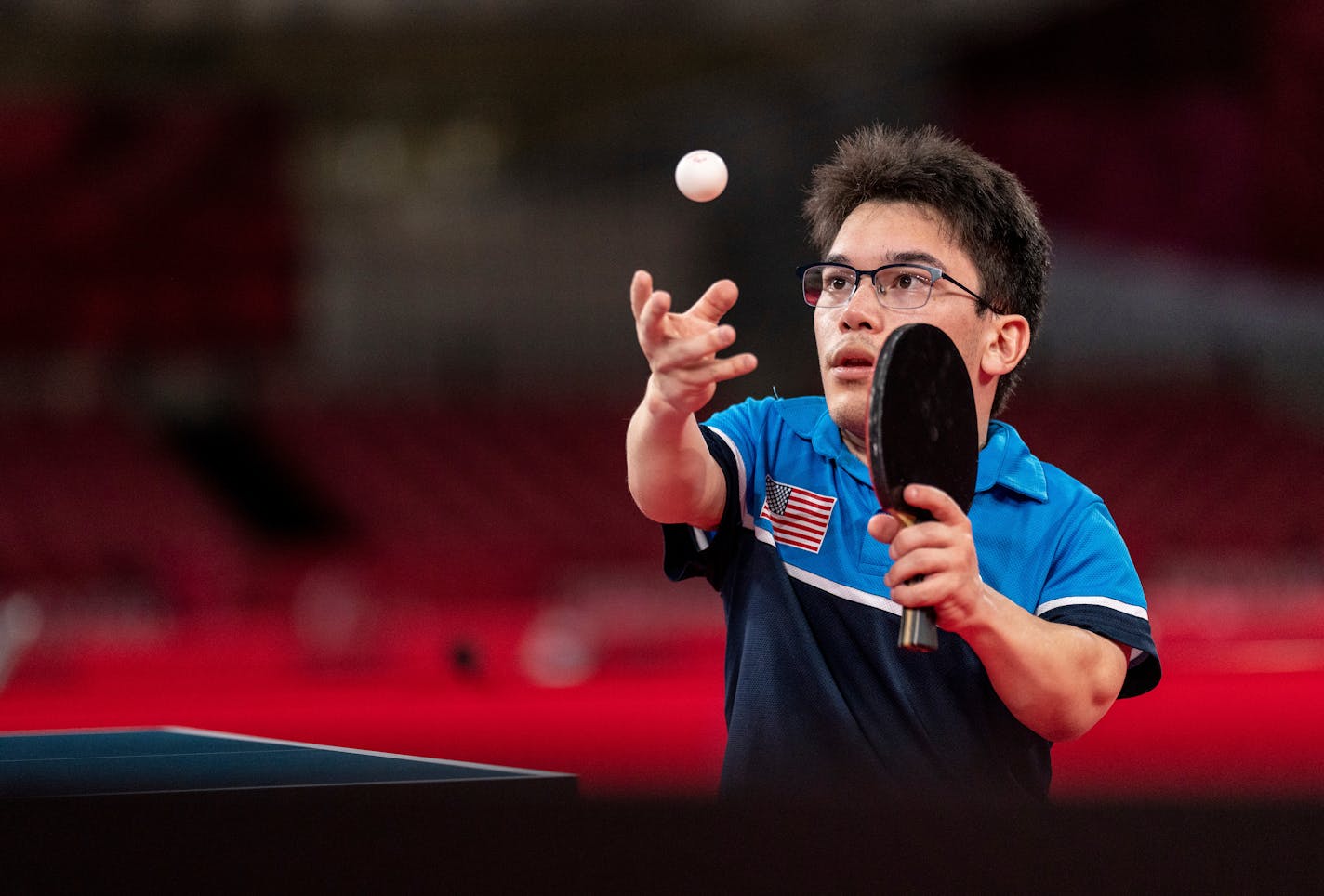 Ian Seidenfeld of the U.S. plays against Peter Rosenmeier of Denmark in the table tennis men's singles class 6 gold medal match at the Tokyo 2020 Paralympic Games in Tokyo Saturday, Aug. 28, 2021. (Joe Toth for OIS via AP)