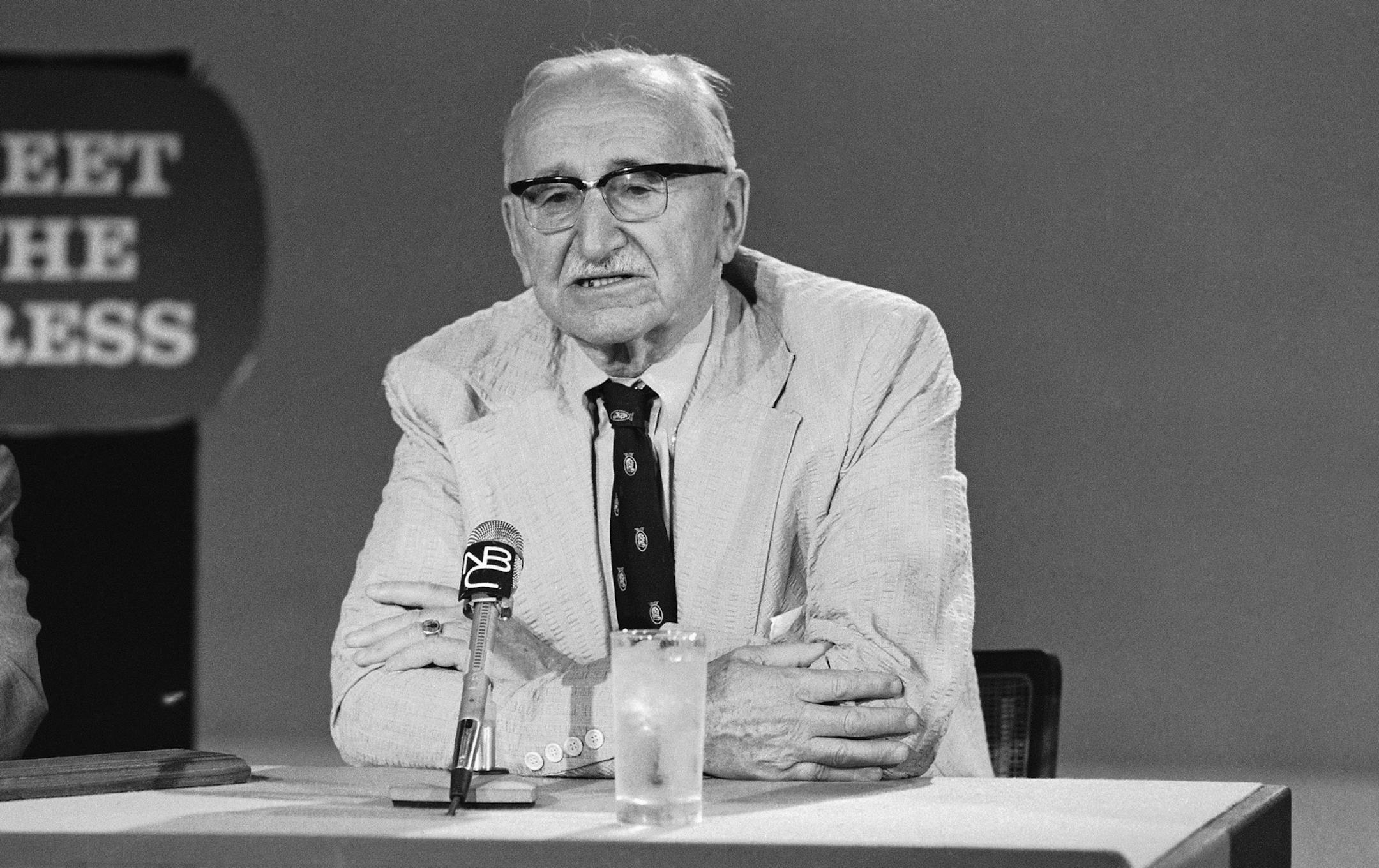 Friedrich Von Hayek, an international economist, appears on television interview in Washington Sunday, June 23, 1975. Hayek, on NBC's "Meet the Press," said recession is a product of past inflation and a lasting cure for inflation would require a period of high unemployment. (AP Photo/Charles Harrity) ORG XMIT: APHS113630