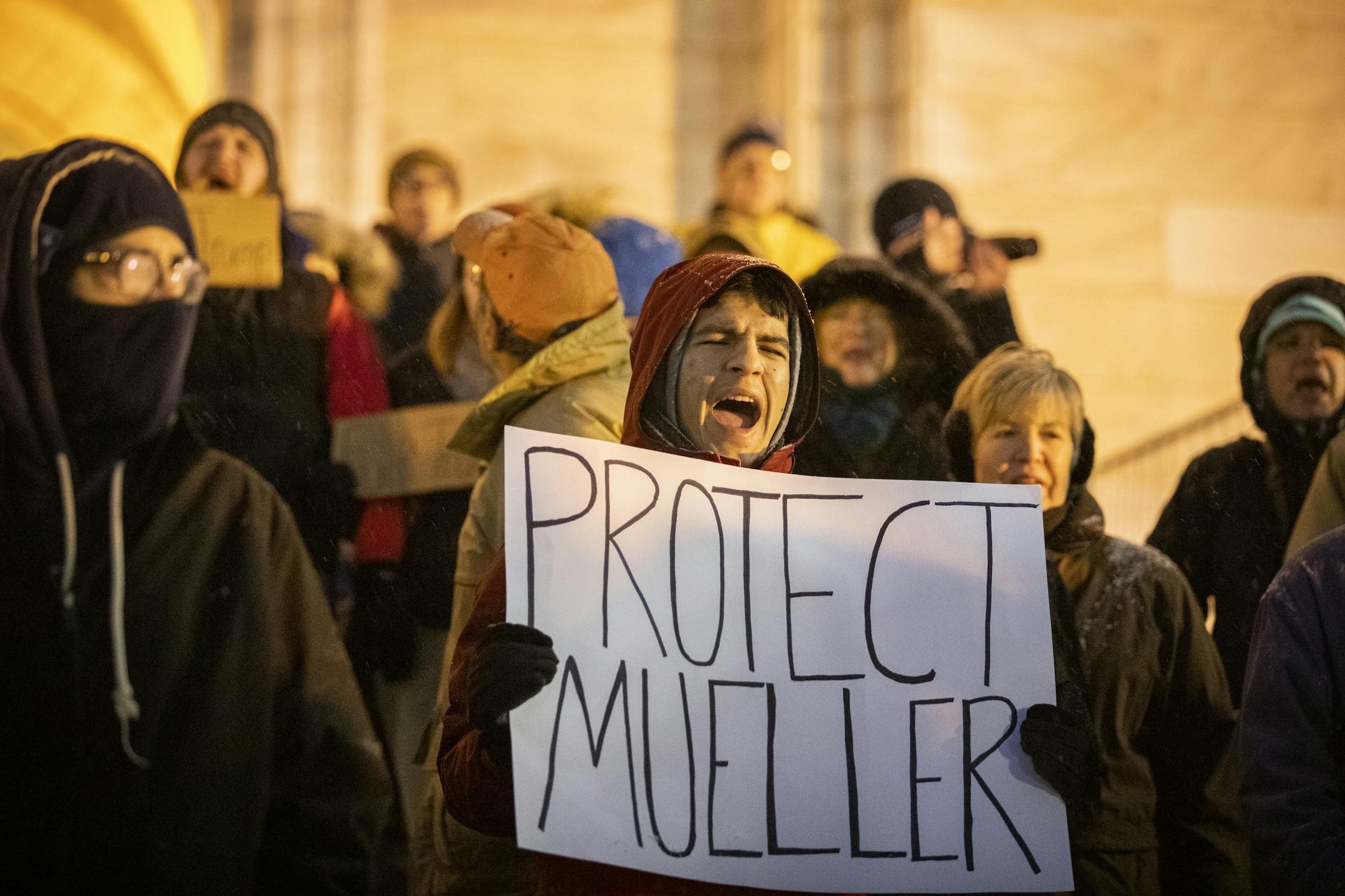 Rodrigo Tojo Garcia of New Ulm chants during a protest in support of Special Counsel Robert Mueller's investigation.