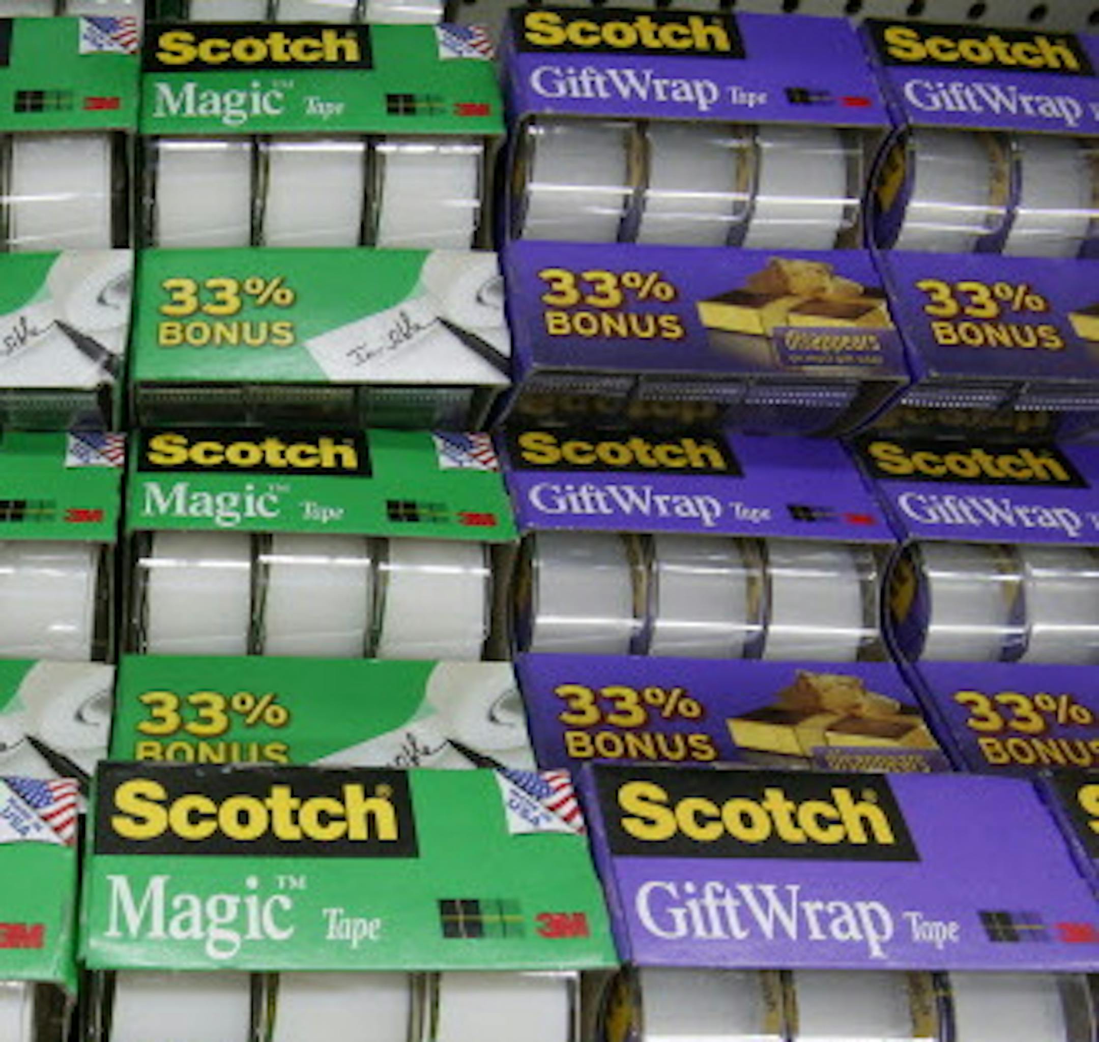 This Tuesday, Jan. 28, 2014, photo, shows a display of Scotch tape, a 3M brand, in a Walmart store in Robinson Township, Pa. 3M reports quarterly earnings on Thursday, Jan. 30, 2014. (AP Photo/Gene J. Puskar)