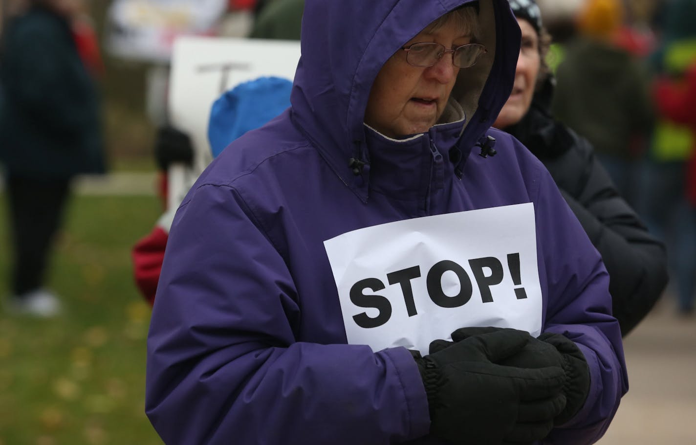 Kathy Lauwagie, of Maplewood, braved the cold and wind along with more than 100 other protesters to march for the resignation of Archbishop John Nienstedt across the street from the Cathedral of St. Paul in St. Paul, Min., Saturday, November 9, 2013.