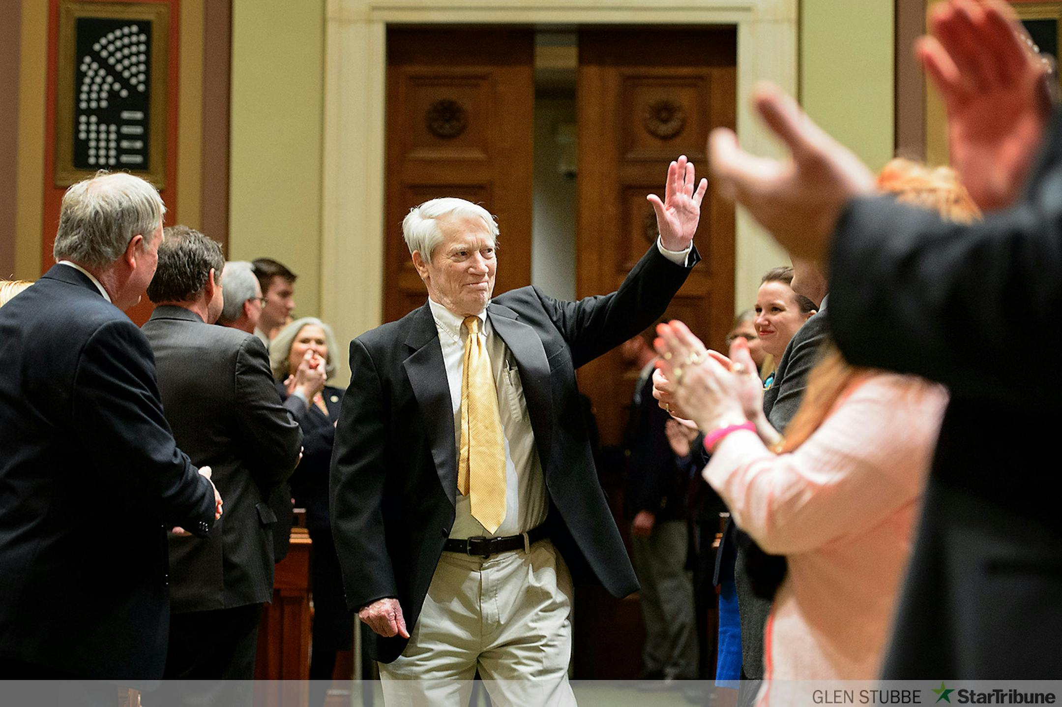 Former Minnesota Governor Wendell Anderson arrived in the House Chamber to a rousing applause.      ] GLEN STUBBE * gstubbe@startribune.com Thursday, April 9, 2015 Governor Mark Dayton delivered his 2015 State of the State address in the House Chamber of the Minnesota State Capitol, St. Paul.