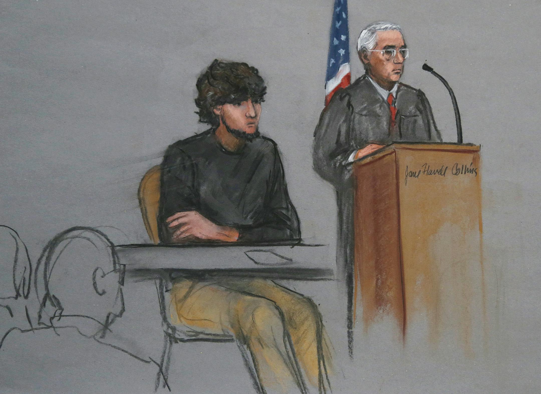 In this courtroom sketch, Boston Marathon bombing suspect Dzhokhar Tsarnaev, left, is depicted beside U.S. District Judge George O'Toole Jr., right, as O'Toole addresses a pool of potential jurors in a jury assembly room at the federal courthouse Monday, Jan. 5, 2015, in Boston. Tsarnaev is charged with the April 2013 attack that killed three people and injured more than 260. His trial is scheduled to begin on Jan. 26, 2015. He could face the death penalty if convicted. (AP Photo/Jane Flavell Co
