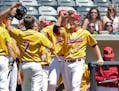 Northfields Drake Gran was greeted by teammates after he scored a run in the fourth inning during the Class 3A baseball quarterfinals at CHS Field, Fr