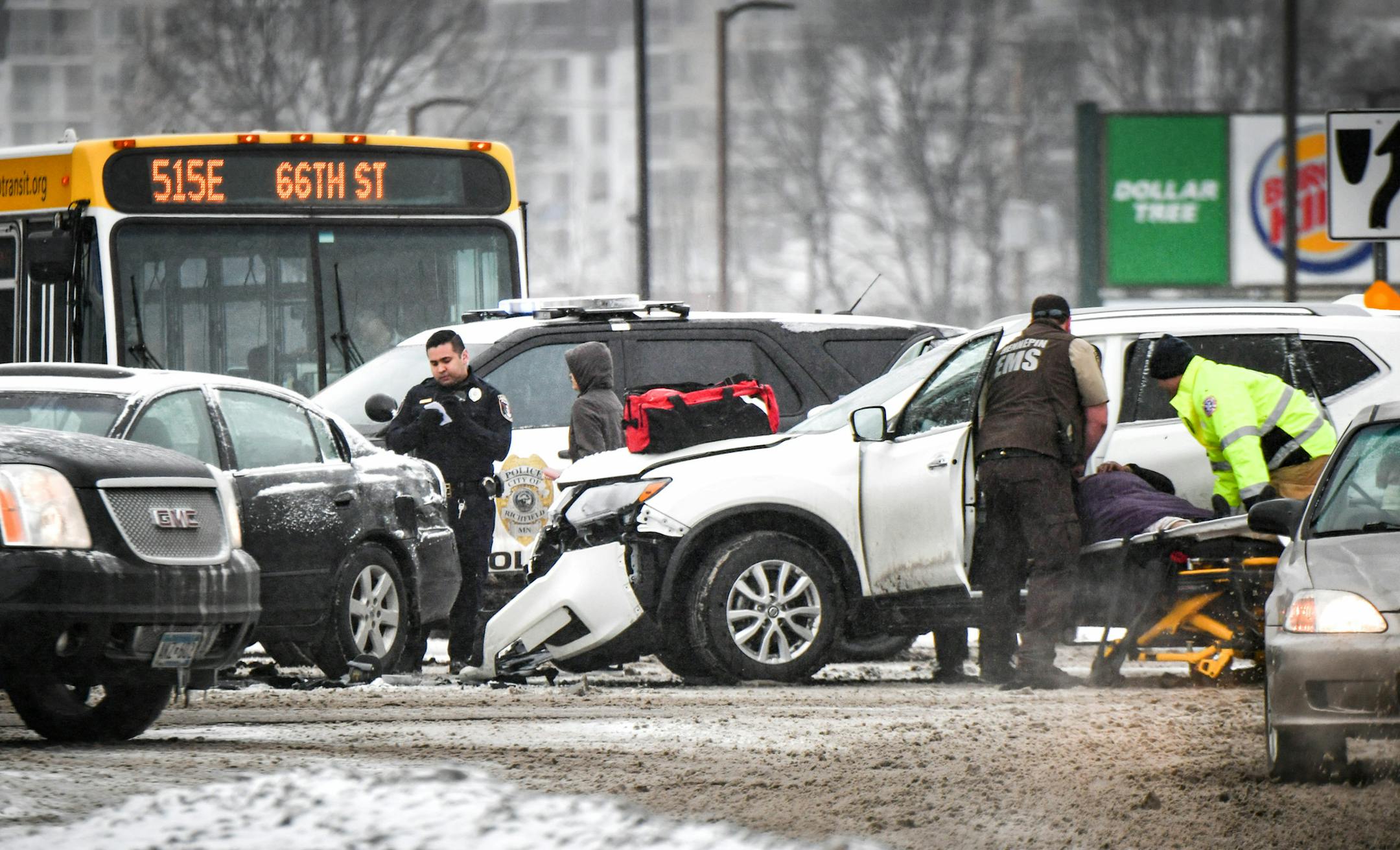 Several people were injured in a vehicle crash that occurred at a slick intersection of Nicollet Ave and 66th St in Richfield early Monday afternoon. Roads, especially in the southern part of the state, were slick from a wintery mix of sleet and snow. ] GLEN STUBBE ï glen.stubbe@startribune.com Monday, February 19, 2018 Rain, snow, sleet, what is it? It's all of the above. A wintry mix is moving into the Twin Cities Monday morning and precipitation could last through Tuesday, the National W
