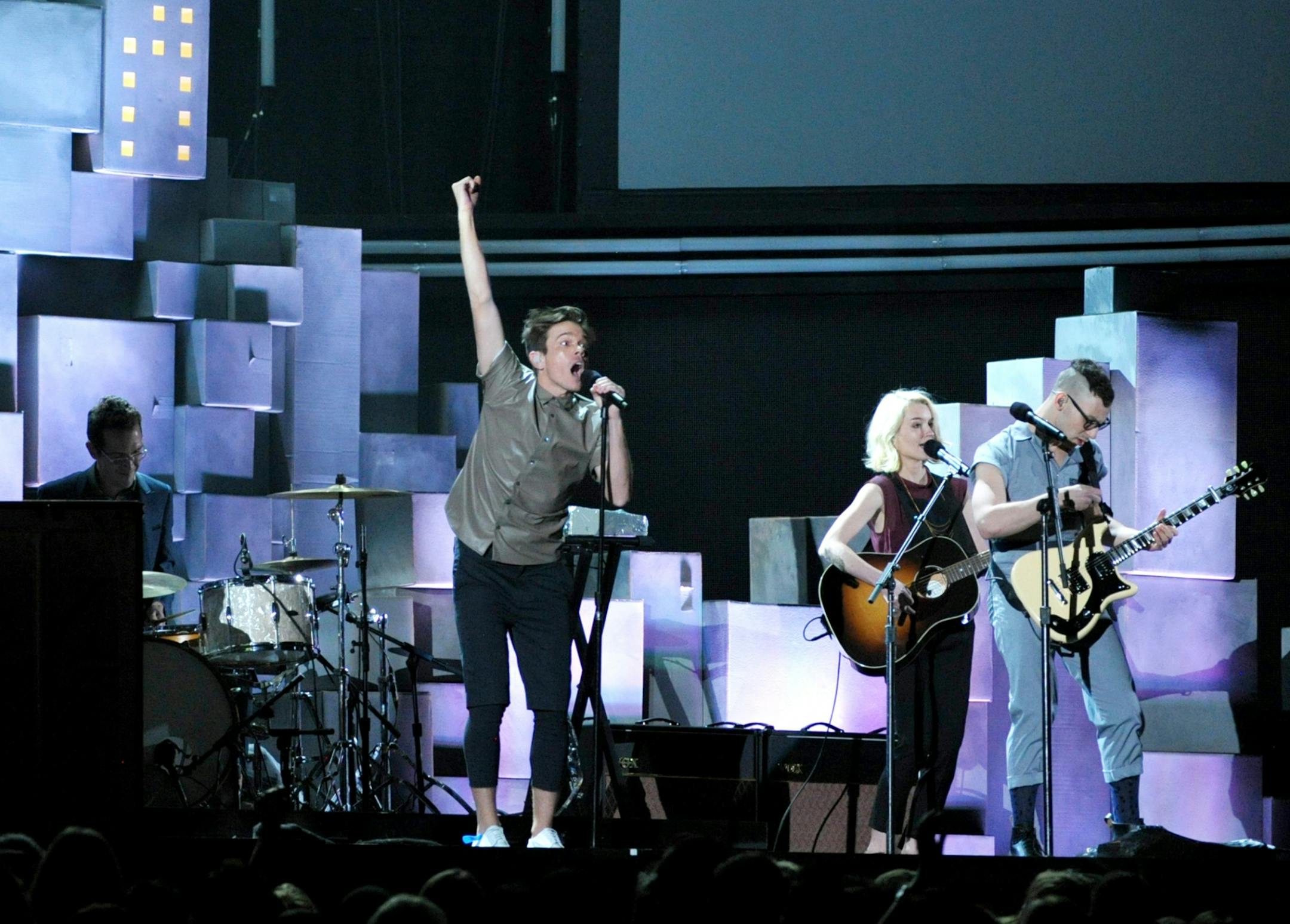 Musical group fun. performs at the 55th annual Grammy Awards on Sunday, Feb. 10, 2013, in Los Angeles.