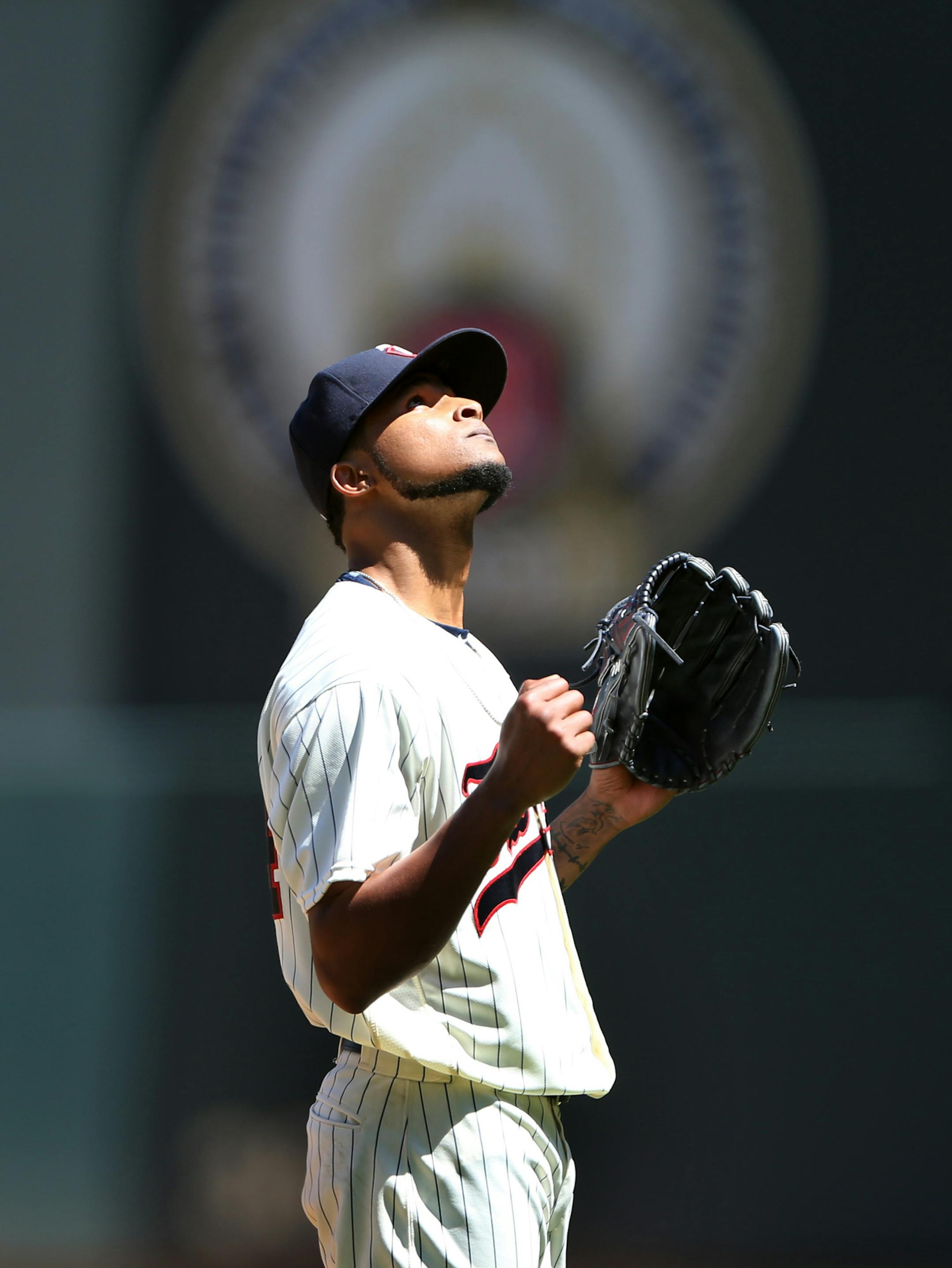 Minnesota Twins starting pitcher Ervin Santana (54) celebrated a 2 hit performance in the 9th inning at Target Field Wednesday July 6, 2016 in Minneapolis, MN.] The Minnesota Twins beat the Oakland A's 4-0 at Target Field. Jerry Holt /Jerry.Holt@Startribune.com
