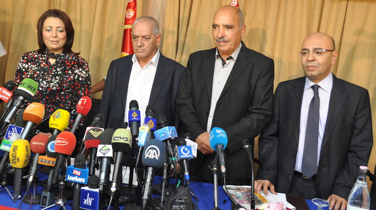 Representatives of the Tunisian National Dialogue Quartet attend a press conference on Nobel Peace Prize on Oct. 9, 2015 in Tunis, Tunisia. The Tunisian National Dialogue Quartet won the 2015 Nobel Peace Prize on Friday for "its decisive contribution to the building of a pluralistic democracy in Tunisia," the Norwegian Nobel Committee announced. (Adel Ezzine/Xinhua/Zuma Press/TNS) ORG XMIT: MIN2015101416292506