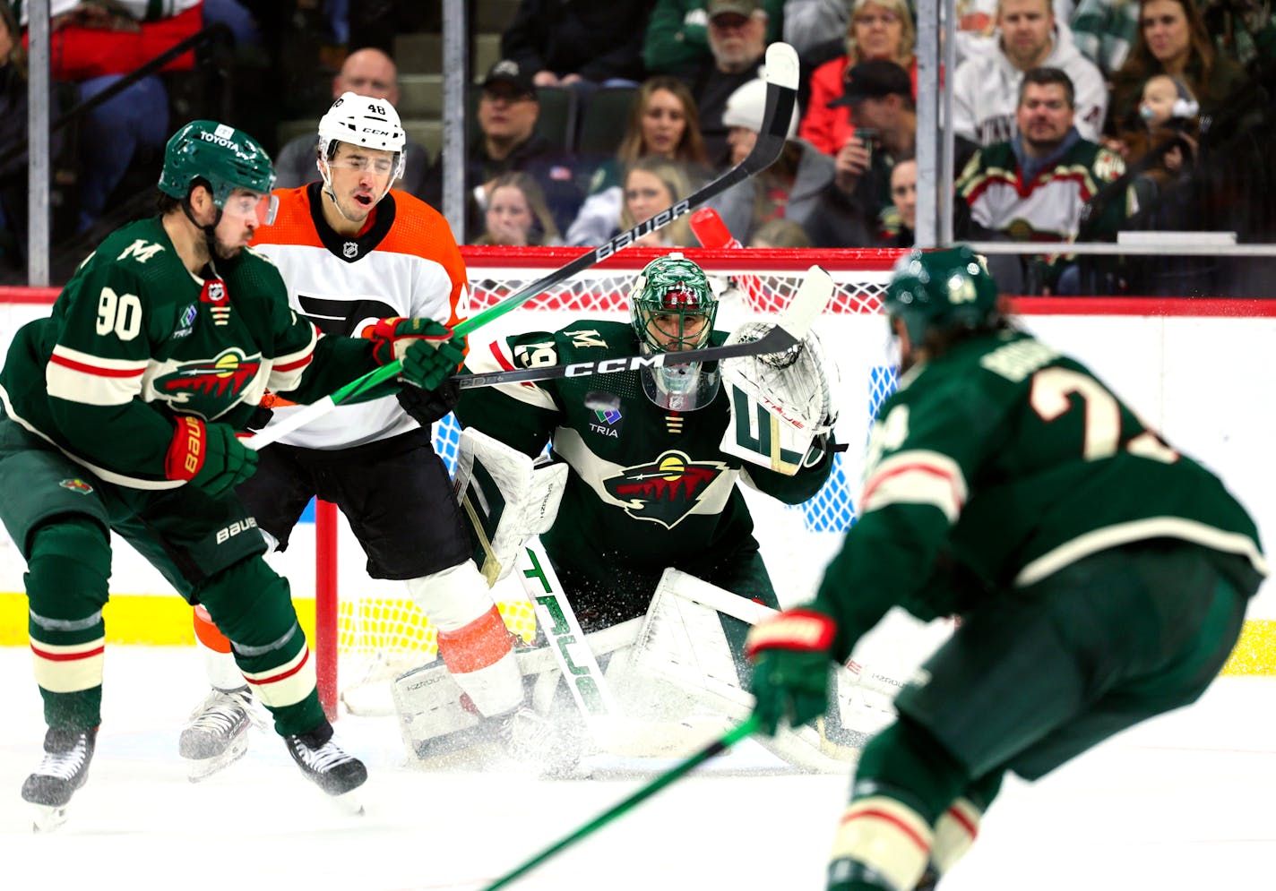 Wild goaltender Marc-Andre Fleury watched play during the second period against the Flyers on Friday