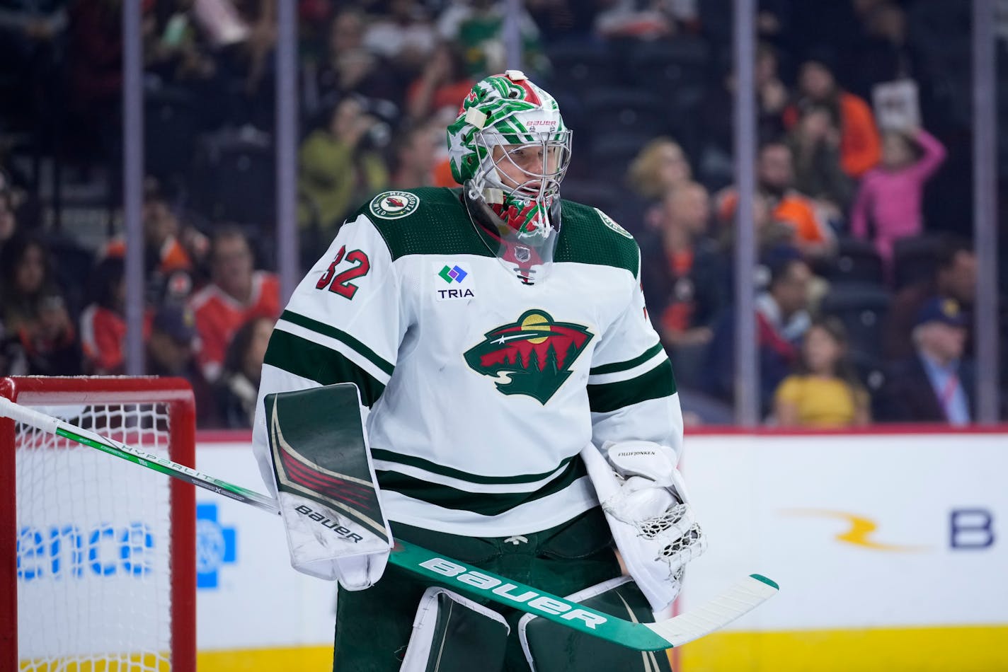 Minnesota Wild's Filip Gustavsson plays during an NHL hockey game, Thursday, Oct. 26, 2023, in Philadelphia. (AP Photo/Matt Slocum)