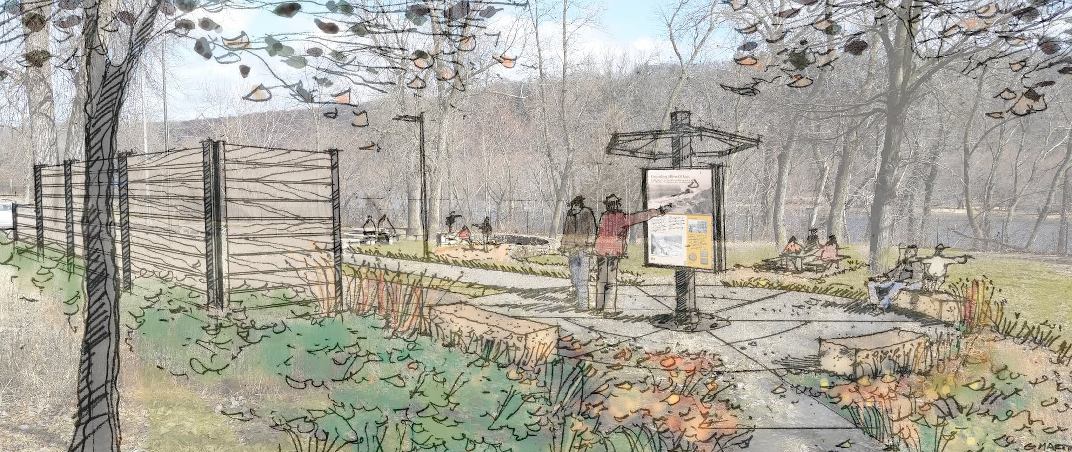 This rendering shows how a former roadside rest will look at the St. Croix Boomsite. A kiosk will present the history and construction materials depict the logging era; allowing visitors to visualize this National Historic Landmark during the period of historical significance.