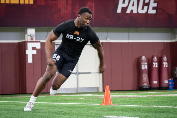 Tyler Nubin participates in drills during Gophers Pro Day in March. Nubin wasn't fully healthy at the NFL combine due to offseason surgery.