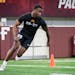 Tyler Nubin participates in drills during Gophers Pro Day in March. Nubin wasn't fully healthy at the NFL combine due to offseason surgery.