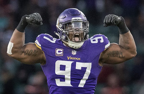 Minnesota Vikings defensive end Everson Griffen celebrated after he sacked Deshone Kizer in the fourth quarter of the Vikings' game in London. Griffen