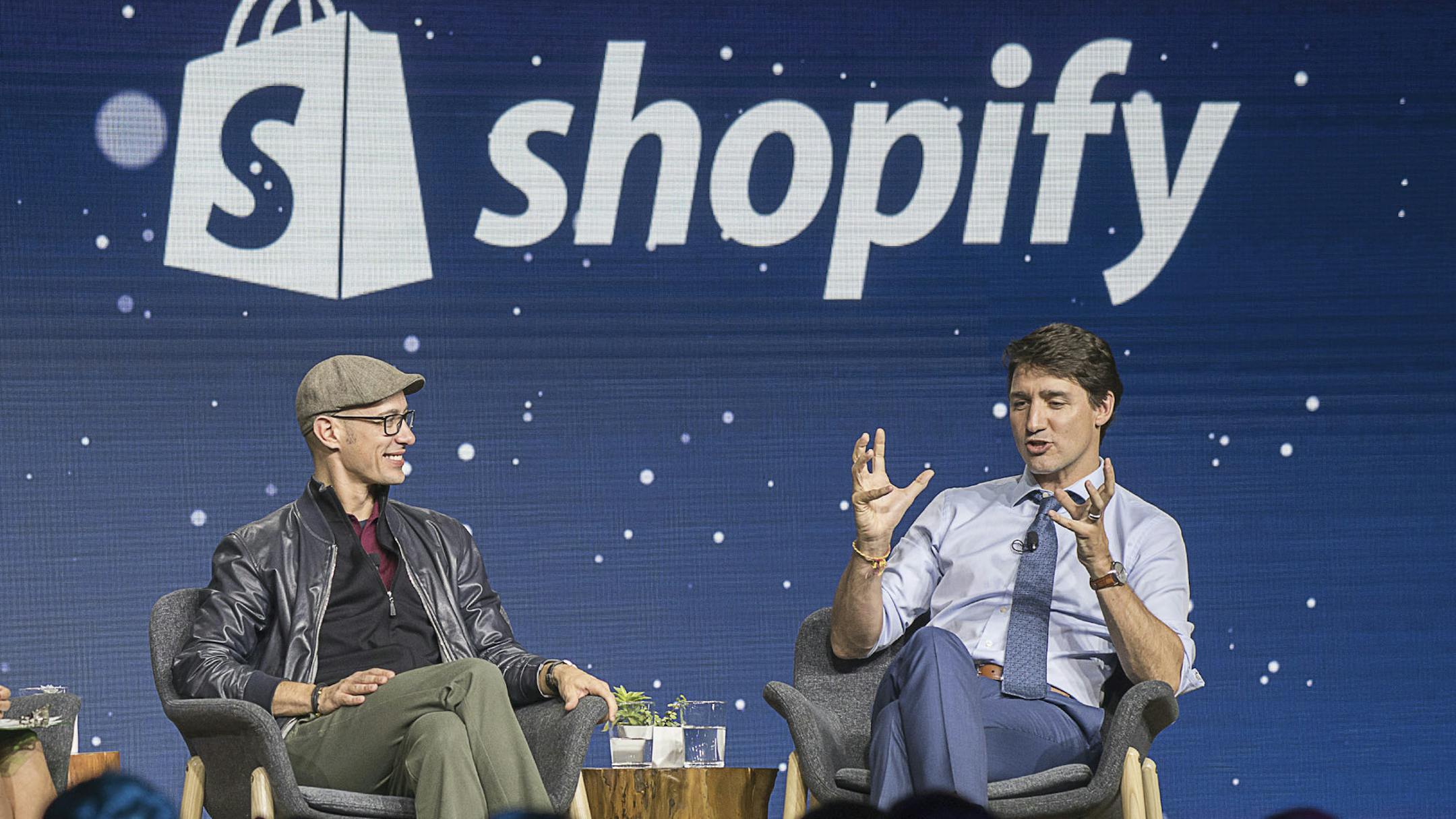IMAGE DISTRIBUTED FOR SHOPIFY INC. - Right Hon. Justin Trudeau, Prime Minister (right), and Shopify CEO, Tobias Lutke, have a fireside chat, Tuesday, May 8, 2018, in Toronto at Shopify's annual partner conference, Unite. (The Canadian Press Images PHOTO/Shopify Inc. via AP Images) ORG XMIT: CPALA402