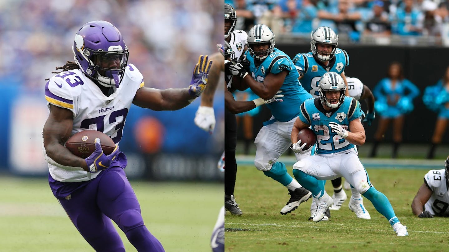 Two versatile NFL star running backs -- the Vikings' Dalvin Cook, left, and the Panthers' Christian McCaffrey -- have legitimate MVP dreams that stand taller than any other non-quarterback.