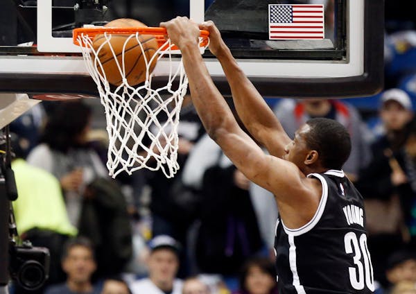 Brooklyn Nets forward Thaddeus Young dunked in the first quarter against the Timberwovles on Monday night at Target Center. Young was traded to the Ne