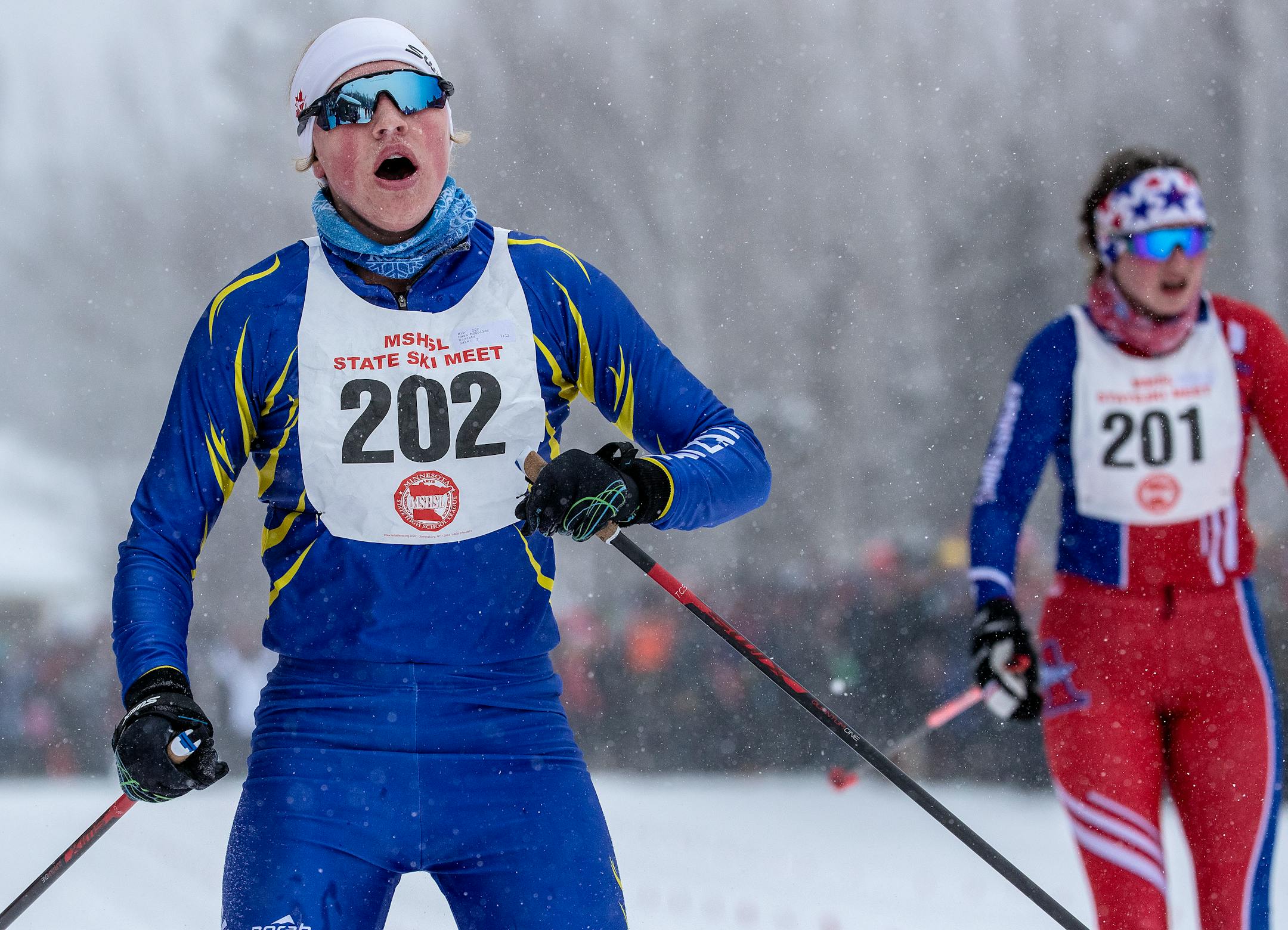 Wayzata's Mara McCollor crossed the finish line during the girls' classical 5k event at the Nordic skiing state meet at Giants Ridge in Biwabik.