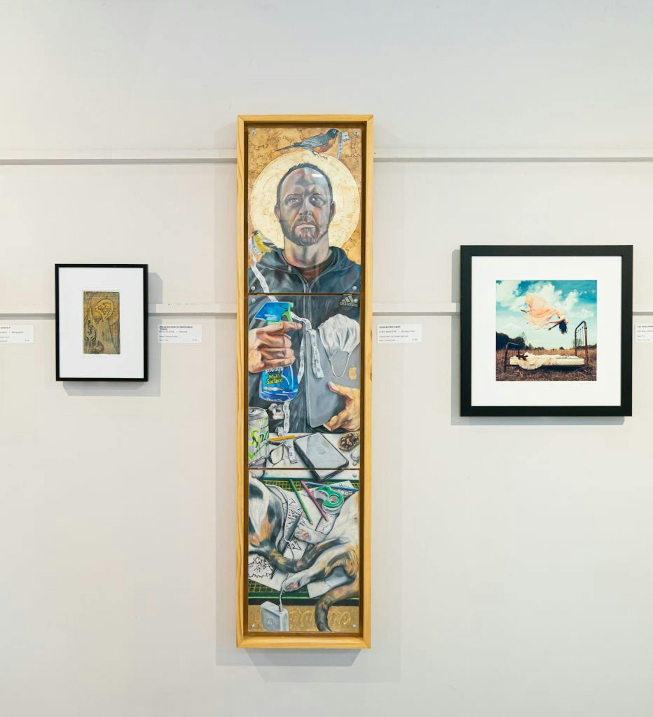 Quarantine Saint by Chad Manders, colored pencil, ink, collage, gold leaf.