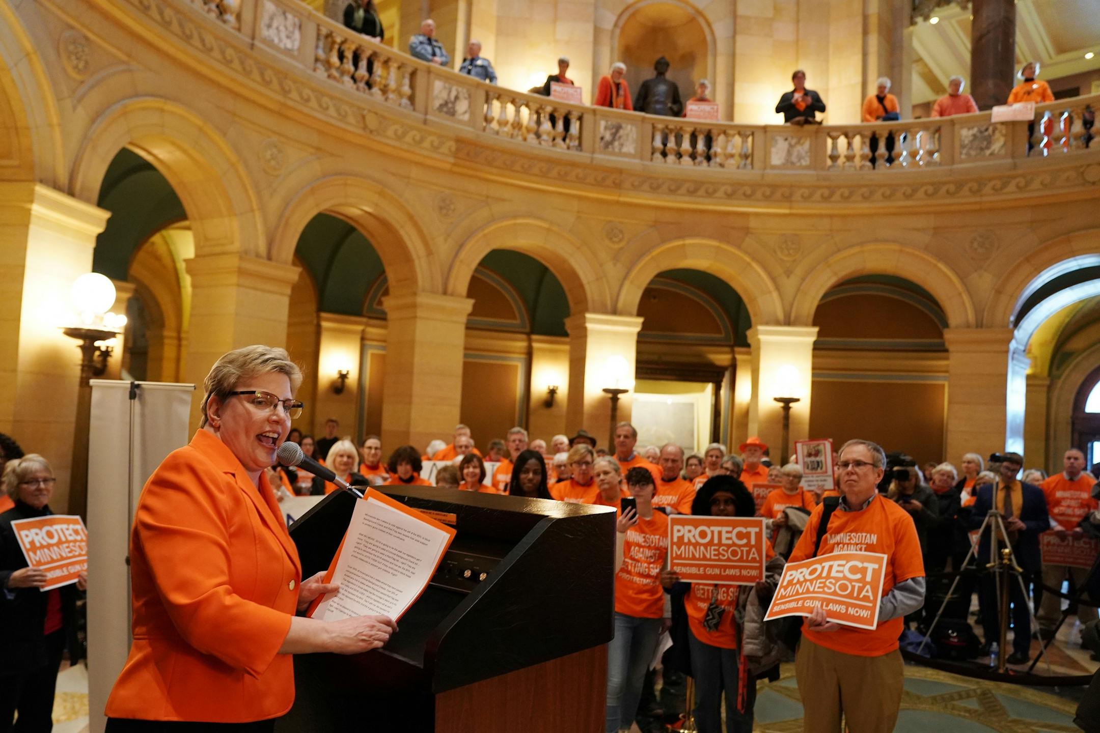 Rev. Nancy Nord Bence spoke during a gun control rally in the Capitol rotunda on the first day of the legislative session.