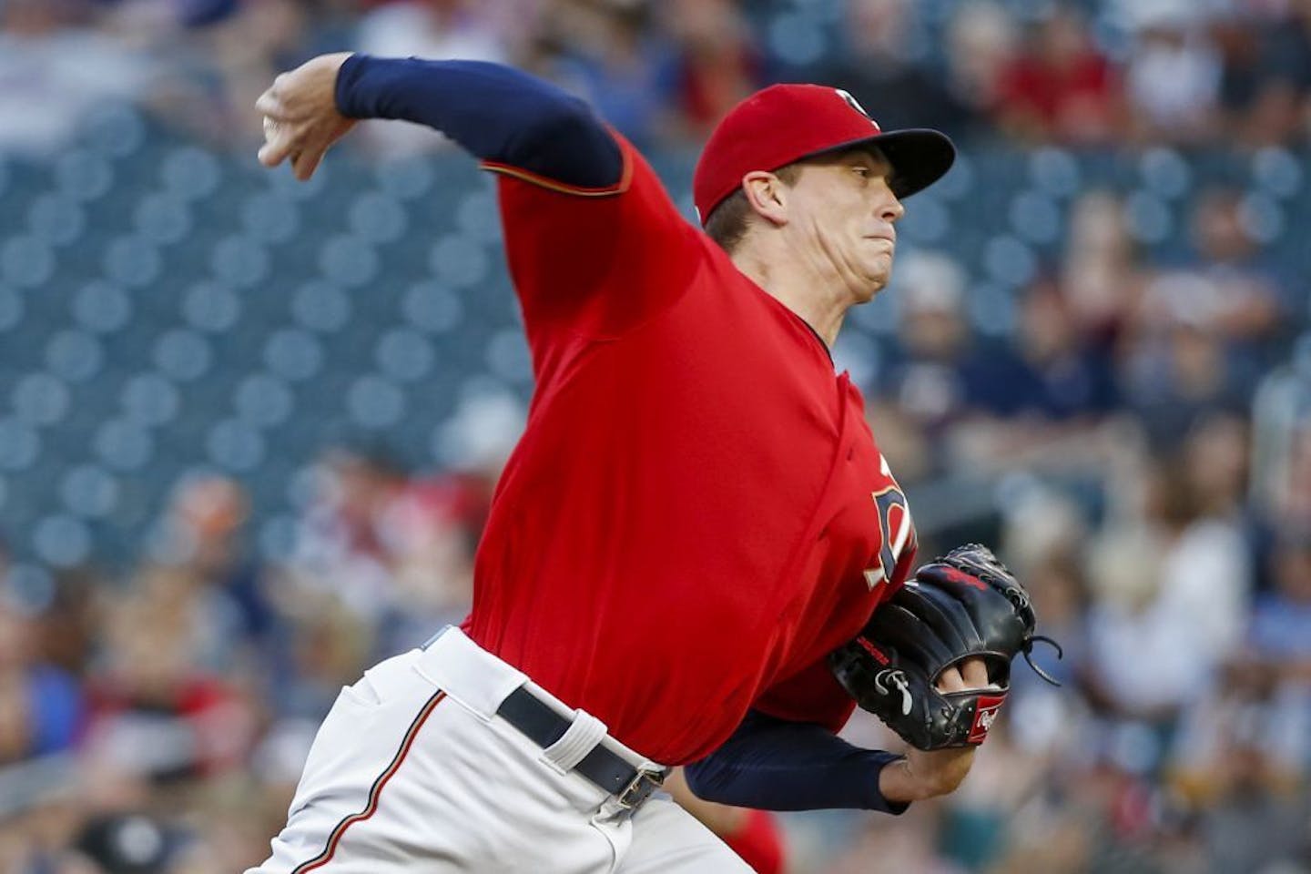 Minnesota Twins starting pitcher Kyle Gibson throws to the Chicago White Sox in the first inning of a baseball game Monday, Aug 19, 2019, in Minneapolis.