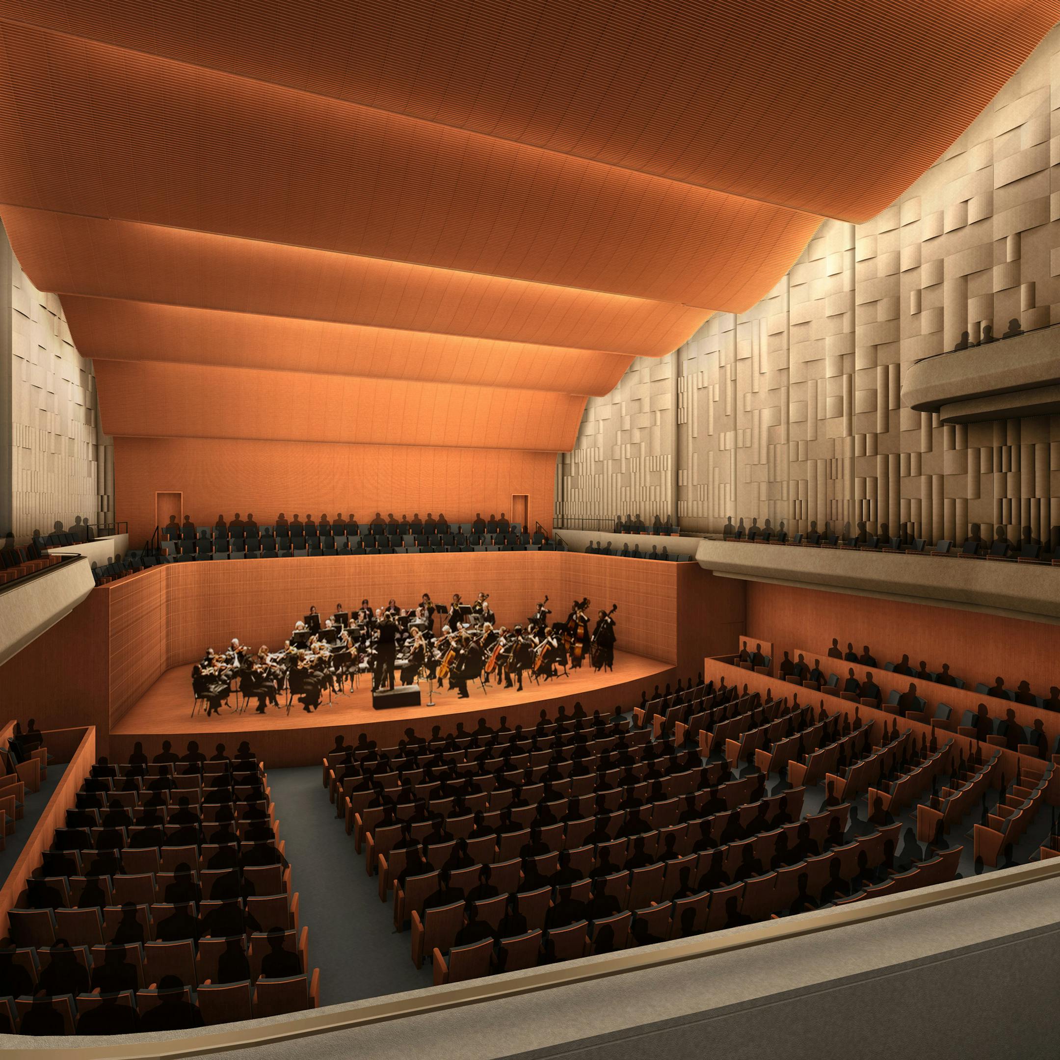 Some seating at the new, 1,100-seat concert hall will enable audience members to sit behind the orchestra.