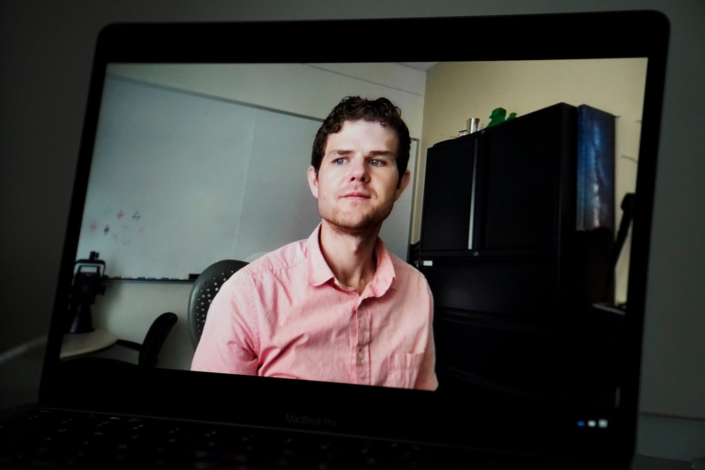 Nick Kneer is shown in his office in Oxford, Ohio on Sept. 22, 2021, as seen via Zoom on a laptop. MUST CREDIT: Washington Post photo by Carolyn Van Houten