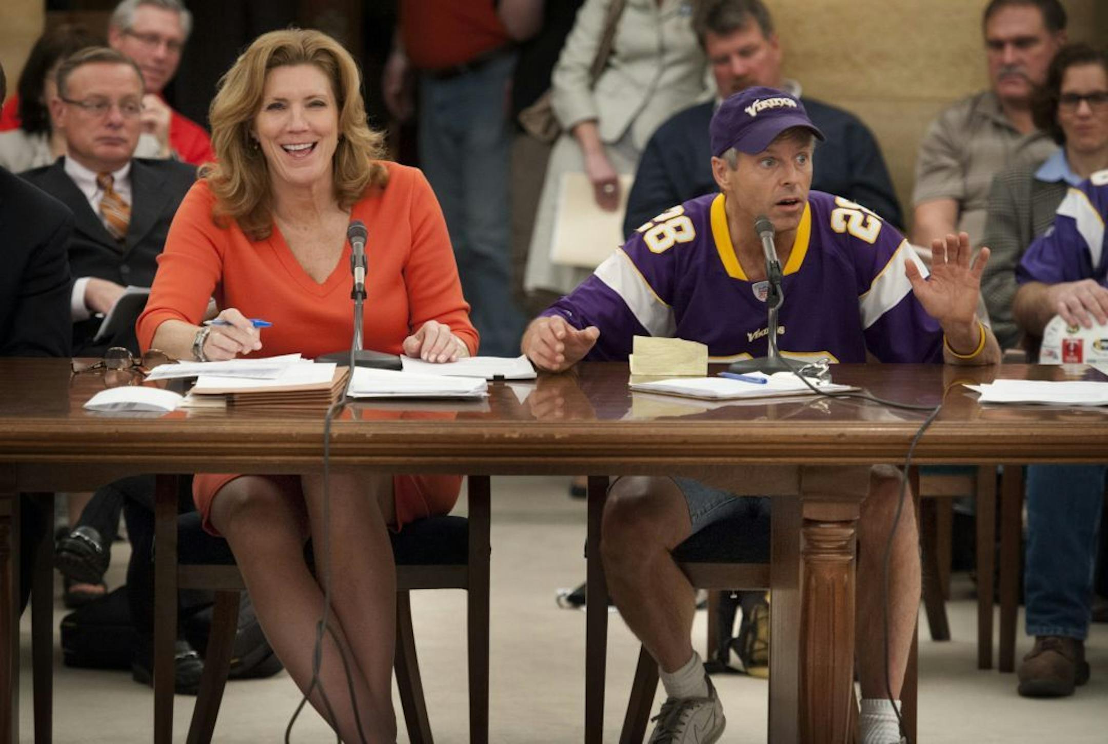 Sen Julie Rosen, author of the stadium bill smiled as Vikings Superfan Larry Spooner pleaded with the Senate Jobs and Economic Growth Committee to pass the stadium bill, Tuesday, April 24, 2012