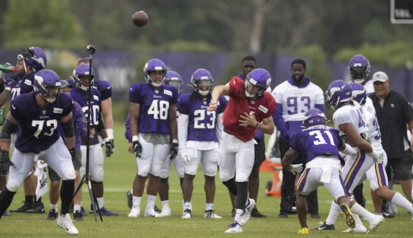 Minnesota Vikings quarterback Kyle Sloter (1) threw a pass during practice at TCO Performance Center on Sunday July, 28 2019 in Eagan, MN.