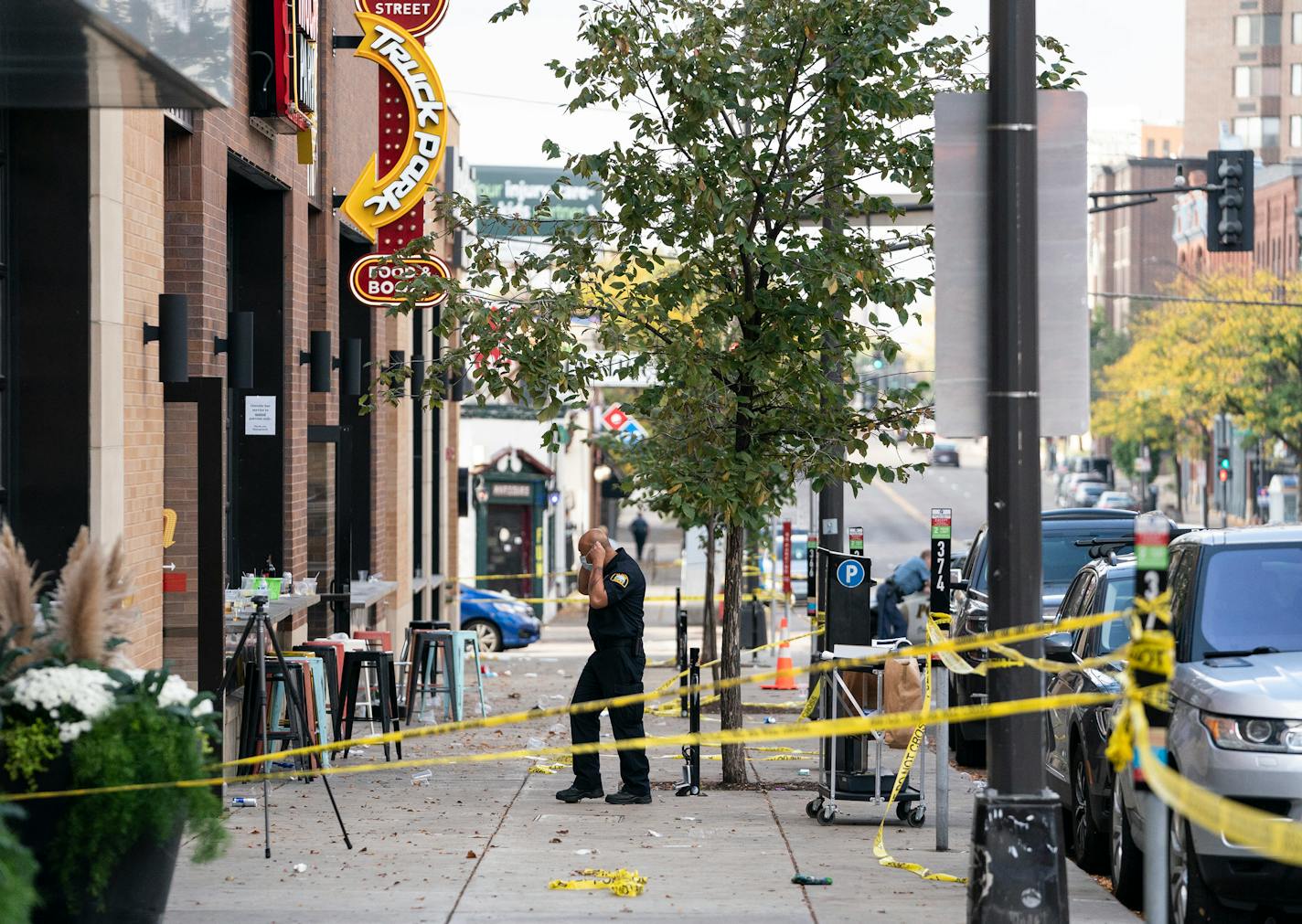 Investigators processed the chaotic scene of a multiple shooting at the bar Truck Park in St. Paul, Minnesota, that happened after midnight on Sunday, Oct. 10, 2021. (Renee Jones Schneider/Minneapolis Star Tribune/TNS) ORG XMIT: 29235523W