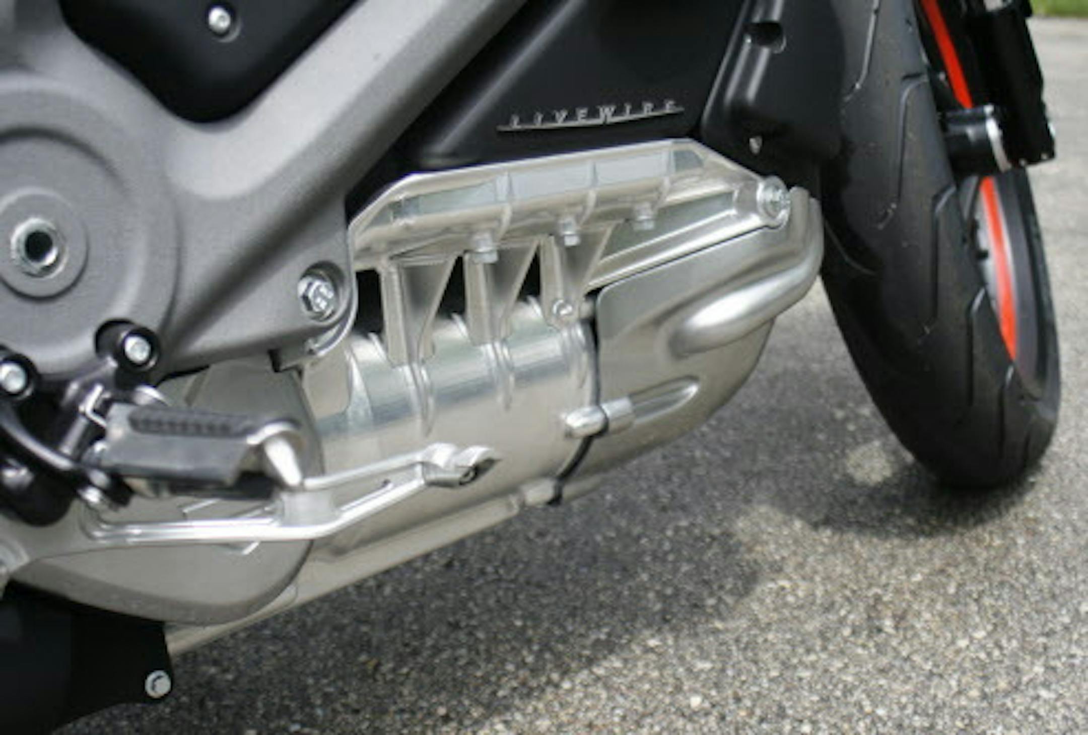 This Wednesday, June 18, 2014 photo shows the engine on Harley-Davidson's new electric motorcycle, at the company's research facility in Wauwatosa, Wis. The company plans to unveil the LiveWire model Monday, June 23, at an invitation-only event in New York. (AP Photo/M.L. Johnson)