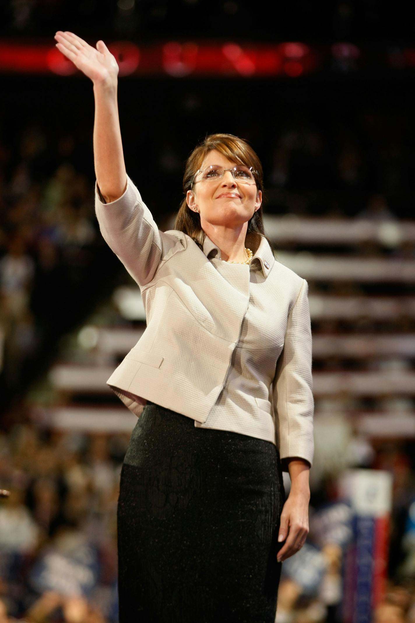 Sarah Palin reacts to the crowd on day three of the Republican National Convention at the Xcel Energy Center.