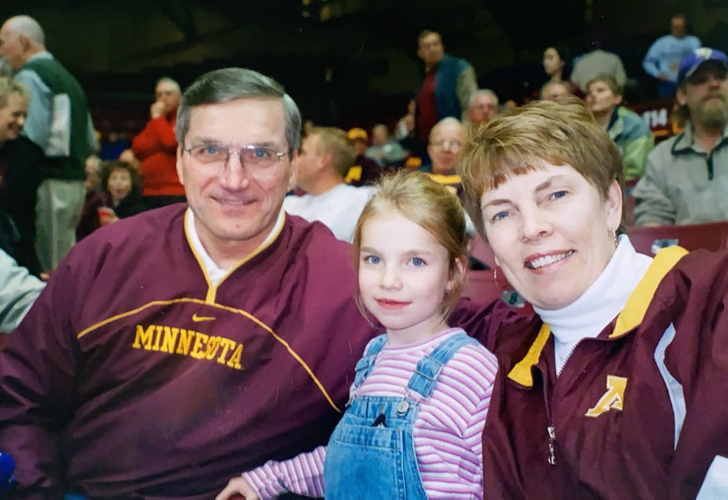A young Sydney Hilley with her grandparents, Jerry and Sandy Cawley, attended a Gophers basketball game at Williams Arena. Jerry was the third baseman on the Gophers’ NCAA champion baseball team in 1964 and the Cawleys were ardent Gophers fans.