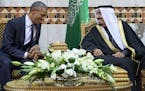 FILE - In this Tuesday, Jan. 27, 2015 file photo, President Barack Obama meets new Saudi Arabian King Salman bin Abdul Aziz in Riyadh, Saudi Arabia. I
