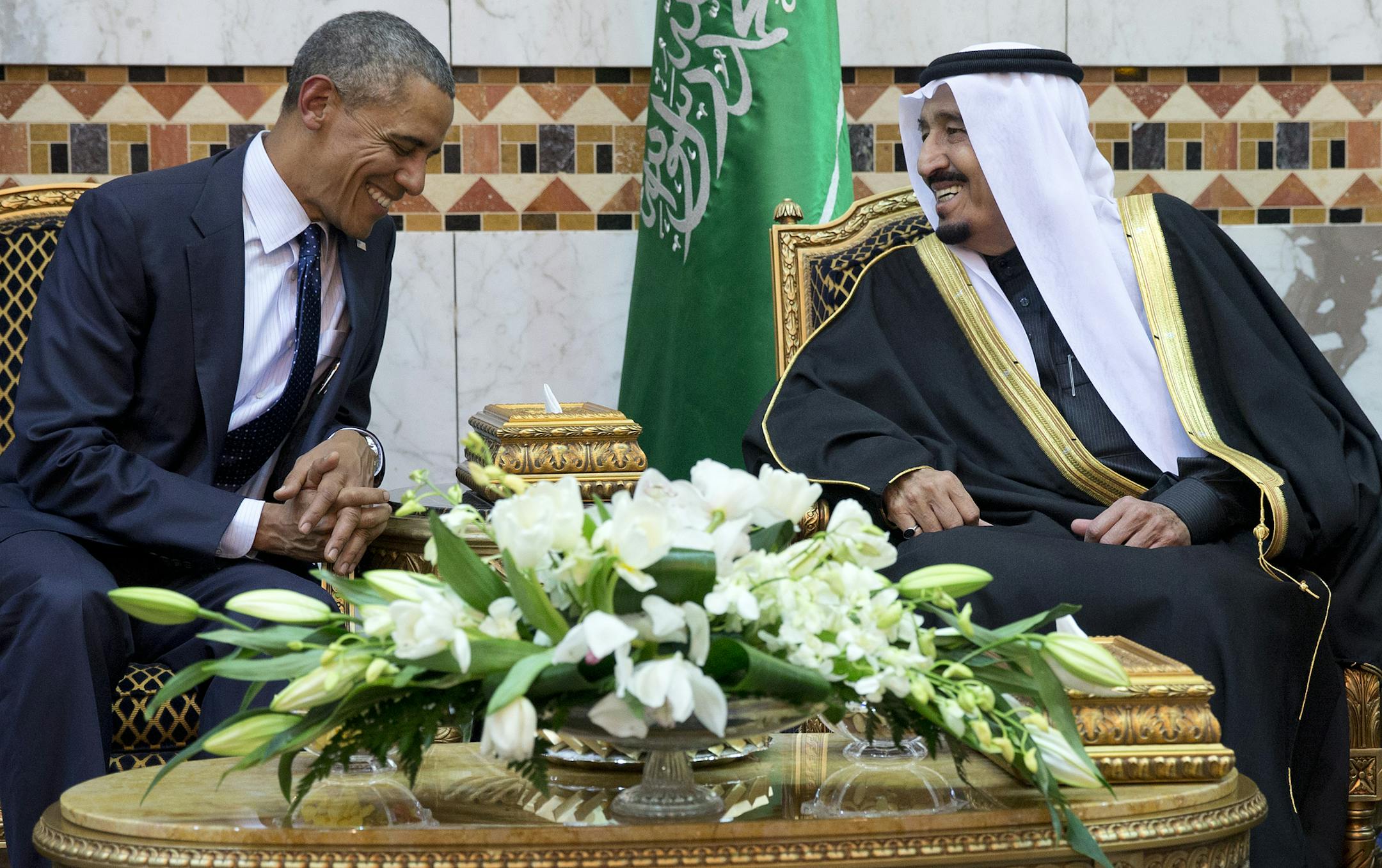 FILE - In this Tuesday, Jan. 27, 2015 file photo, President Barack Obama meets new Saudi Arabian King Salman bin Abdul Aziz in Riyadh, Saudi Arabia. It is not just the Saudi king who will be skipping the Camp David summit of U.S. and allied Arab leaders. Most Gulf heads of state won't be there. The absences will put a damper on talks that are designed to reassure key Arab allies, and almost certainly reflect dissatisfaction among leaders of the six-member Gulf Cooperation Council with Washington